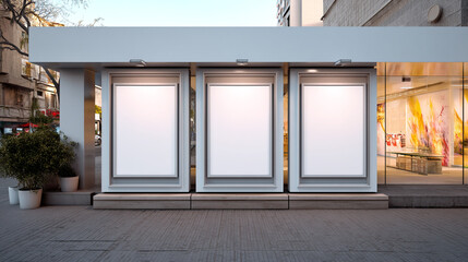 Three blank billboards stand side by side outside a store with a glass front on a city street