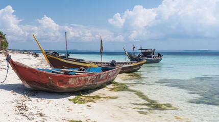 Obraz premium Colorful fishing boats on a tropical beach