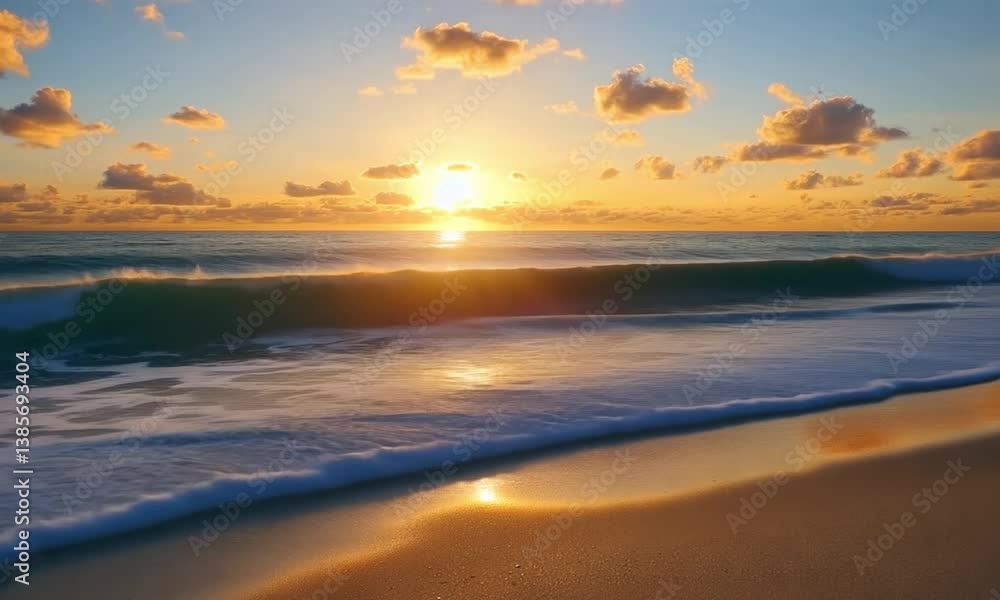 Poster Sunset Beach Waves with a Golden Glow Over Water and Horizon Creating a Peaceful Atmosphere Made with Generative AI Technology