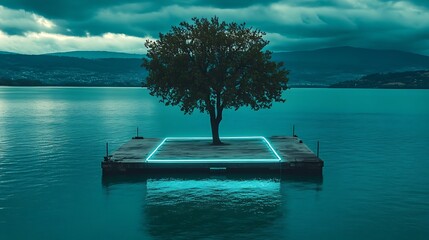 Obraz premium Solitary tree on glowing square platform floating on serene lake under moody sky