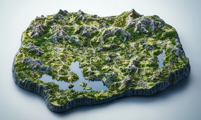 Fototapeta premium 3D model of a mountainous island with lakes, forests, and villages on a white background for visualizations
