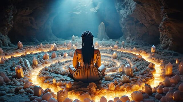 Mystical Woman Meditating in Crystal Cave with Glowing Spiral Path for Spiritual, Fantasy, and Healing Visual Projects.