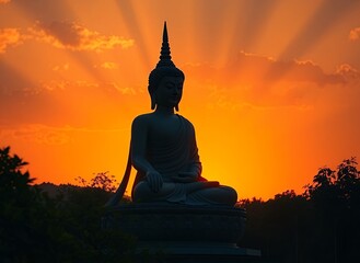 Serene Sunset with Buddha Statue