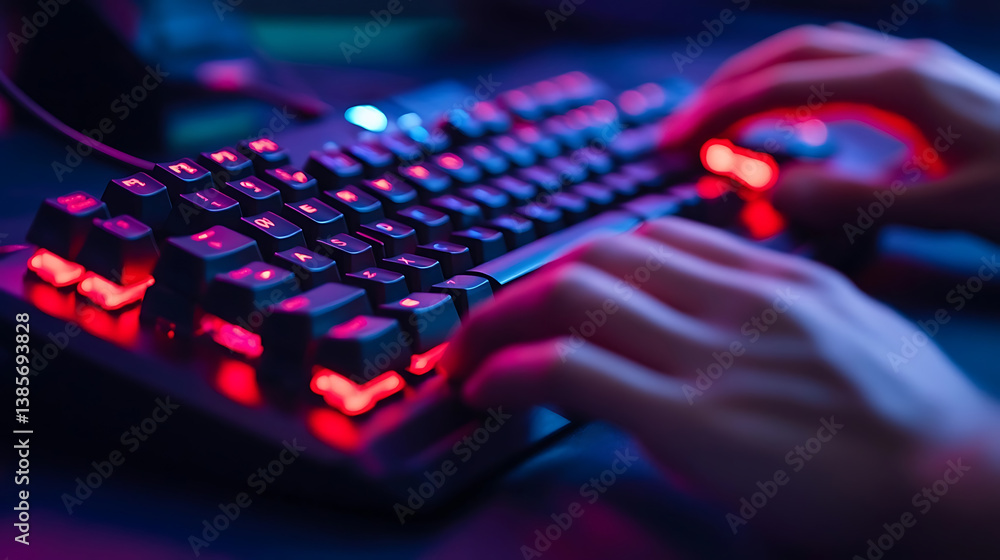 Wall mural a person typing on a mechanical keyboard with rgb lighting, visible key presses and illuminated keys