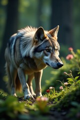 Fototapeta premium A majestic gray wolf crouched low in the underbrush listening for prey or warning call of pack members , nature, wild