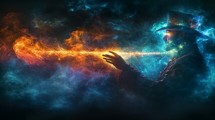 Magical Sorcerer Casting Spell: A mystical figure, wreathed in swirling cosmic energy, conjures a vibrant spell with a focused gaze, demonstrating wizardly skill and captivating power.
