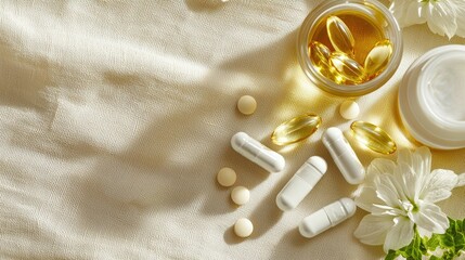 A sophisticated flat lay of health-focused products including herbal capsules, probiotics