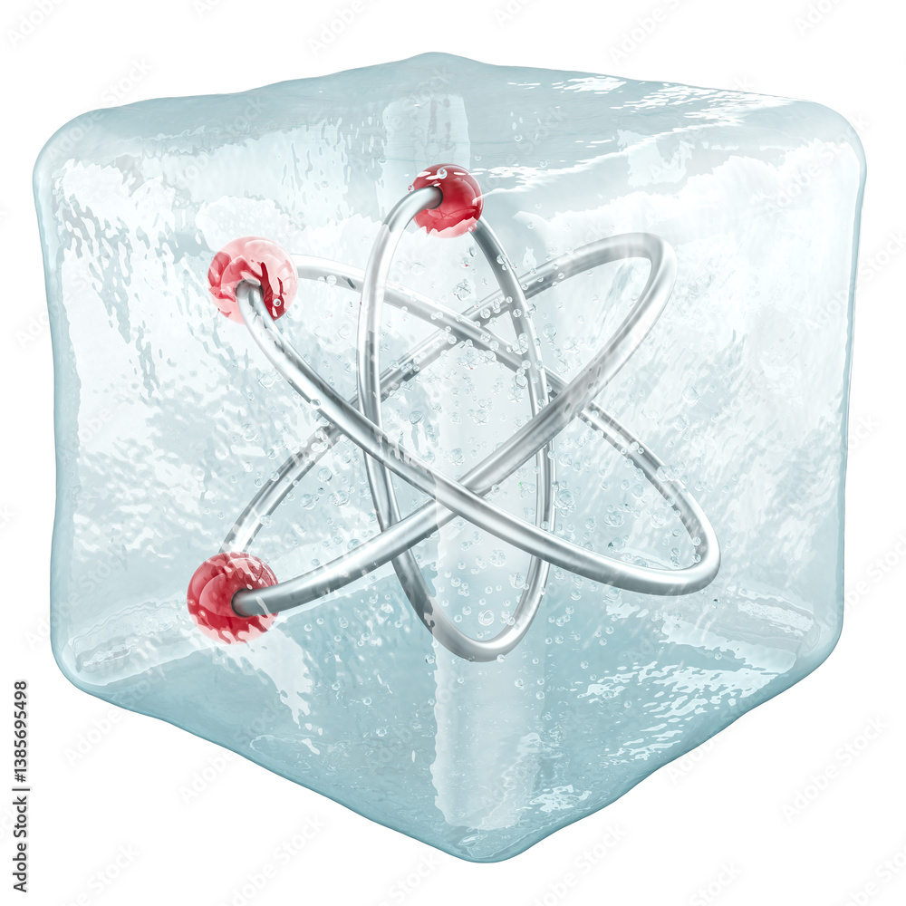 Poster atom structure frozen in ice cube, 3d rendering isolated on transparent background