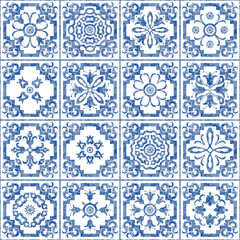 Patchwork seamless pattern of tiles with blue watercolor geometrical and floral ornaments 