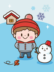 可爱卡通风格的冬季滑雪活动男孩女孩