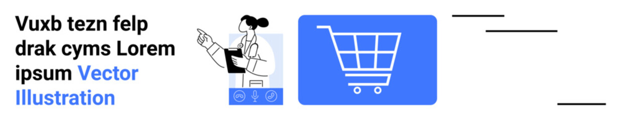 Woman pointing at tablet screen with analytical charts and blue shopping cart graphic. Ideal for e-commerce, marketing, sales analysis, consumer behavior, technology, digital platforms, simple