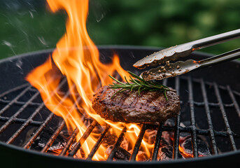 Juicy Beef Burger on a Flaming Grill with Rosemary