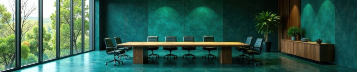Dark teal and gold conference room with large windows , dark teal, corporate events