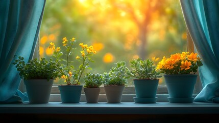 Inviting interior design with a cozy window ledge featuring a variety of flourishing potted plants and soft pastel drapes to create a peaceful retreat