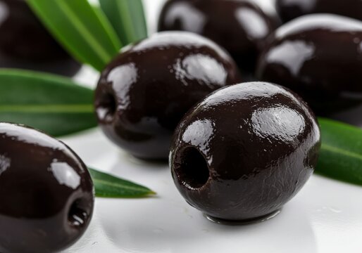 Dlack olives glossy surface green isolated white background
