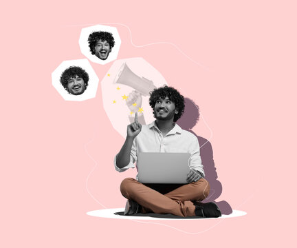 Content manager with laptop pointing at his faces with different emotions on pink background, creative collage