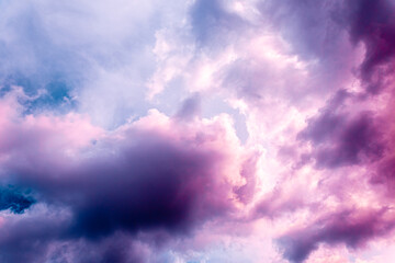 Fairy colourful sunset sky. Amazing view. Purple lilac clouds