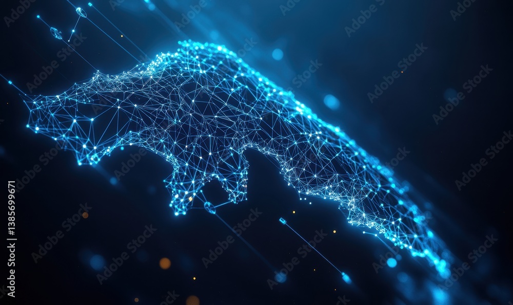 Poster abstract glowing polygonal bear on blue background for tech or data visualization