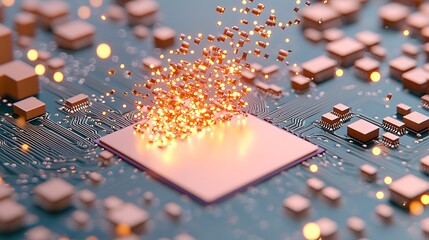 Explosive data transfer event on circuit board technology hub digital art macro view innovation concept