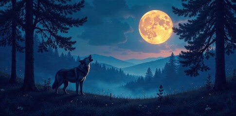 Full moon illuminated forest landscape with a lone wolf howling in the distance, full moon, wilderness