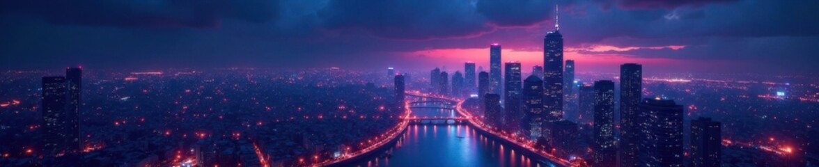 Fototapeta premium Futuristic cityscape at night with sleek skyscrapers and neon lights , futuristic, evening, urban