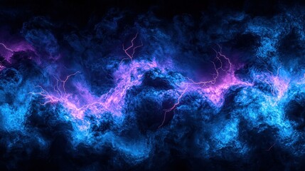 Fototapeta premium Electric storm vibrant blue clouds with pink lightning bolt, dark background