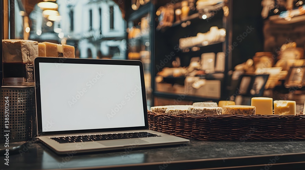 Poster digital display in gourmet delight: a modern laptop sits in a gourmet shop, ready to showcase a menu