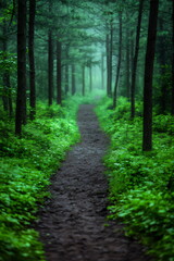 Obraz premium Lush green forest path winding through tall trees in a serene, misty atmosphere