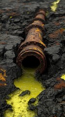 Fototapeta premium Eroded pipe spills yellow liquid over dark, cracked terrain, close up shot