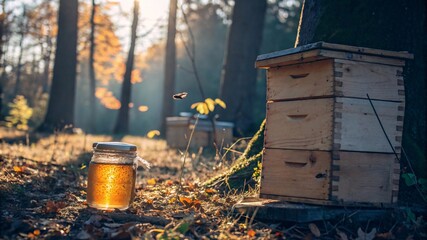 Golden Honey Jar in Sunlit Autumn Forest – Rustic Still Life V3