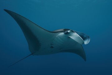 Elegant and weightless, giant manta ray soars through the water like a bird in flight. With its expansive wingspan and diamond-shaped body, it dances in the ocean currents with calm, hypnotic beauty