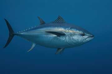 Obraz premium A striking predator of the open ocean, the bluefin tuna speeds through the deep with unmatched agility and strength. Its streamlined, metallic-blue body gleams under natural light