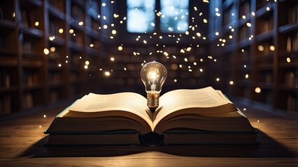 An open book on a wooden table with a glowing lightbulb emerging from its pages