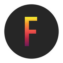 Obraz premium Vibrant Gradient Capital Letter F Glowing with Bright Yellow, Vivid Orange, Deep Red, and Dark Purple Tones on Dark Gray Circular Background Symbolizing Beginning, Unity, and Creativity in Digital