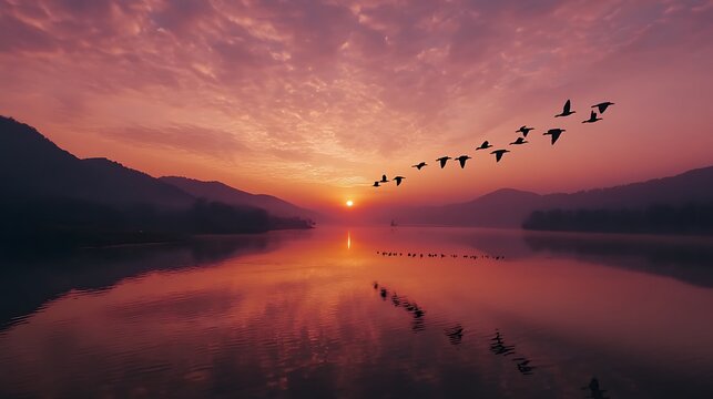 Lake birds v shape flight wallpapers
