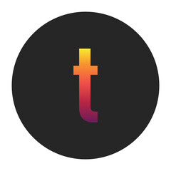 Vibrant Gradient Lowercase Letter t Glowing with Bright Yellow, Vivid Orange, Deep Red, and Dark Purple Tones on Dark Gray Circular Background Symbolizing Beginning, Unity, and Creativity in Digital