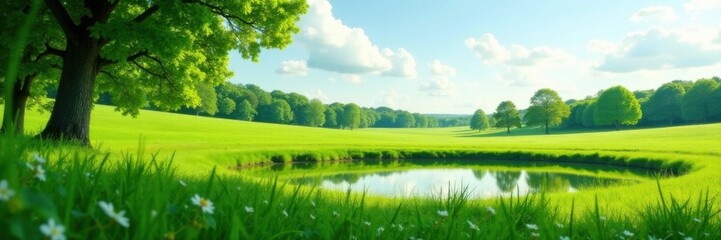Serene green meadow with trees in the distance and a small pond, nature scene, water, tree