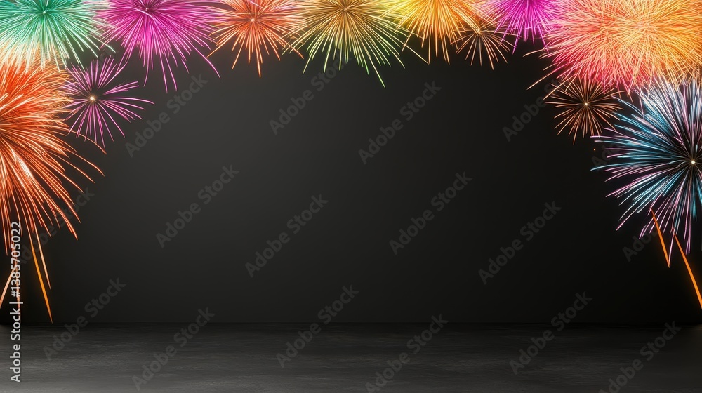 Poster a burst of multi-colored fireworks at the top and bottom edges of the frame, creating a celebratory 