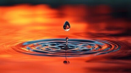 A minimalist design of a raindrop falling into a puddle creating concentric ripples with clean geometry