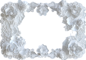 White lace frame with flowers, white background, transparent PNG