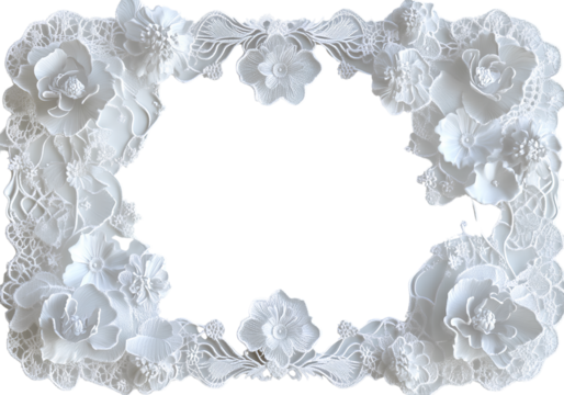 White lace frame with flowers, white background, transparent PNG