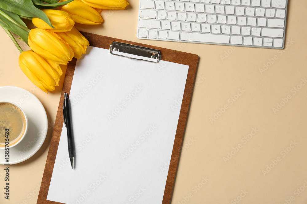 Poster flat lay composition with clipboard and blank paper on beige background. space for text