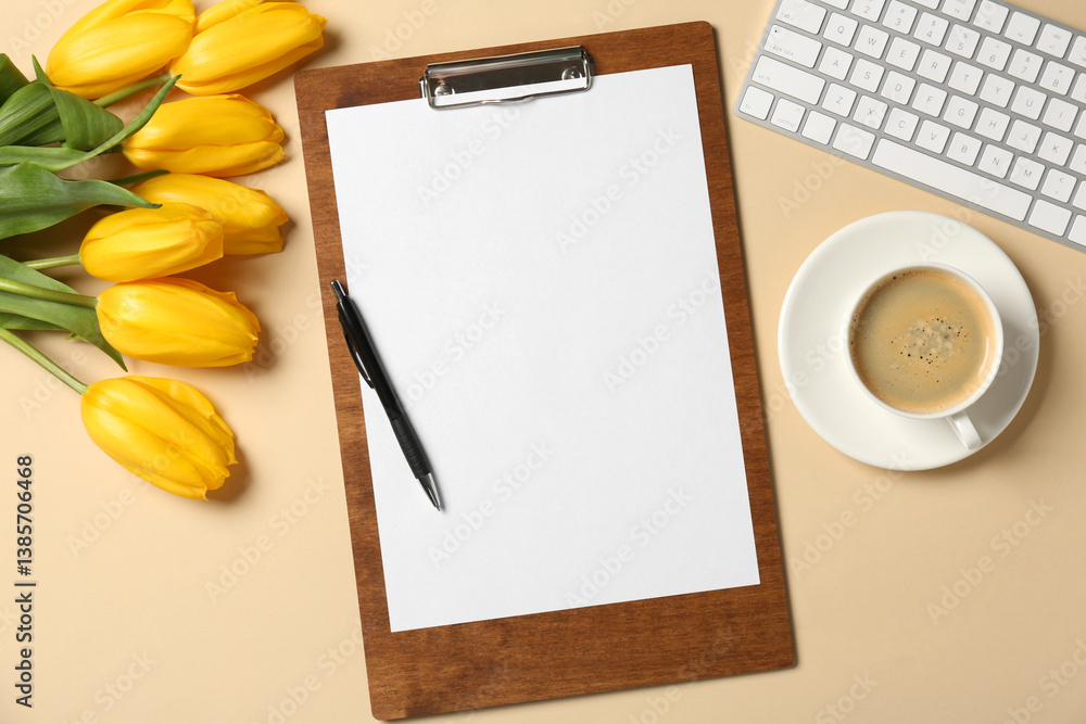 Poster flat lay composition with clipboard and blank paper on beige background. space for text