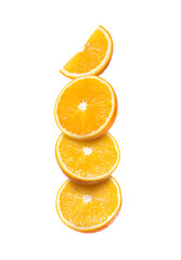 Fresh cut oranges falling on white background