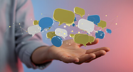 Hand Presenting Holographic Speech Bubbles Displaying Communication on a Red and Blue Background