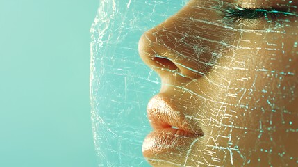 Exploring digital facial recognition technology virtual space visual art futuristic aesthetics close-up perspective