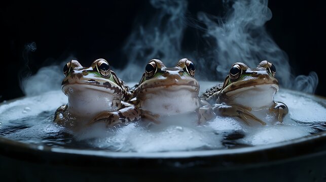 Steaming pot holds four frogs images