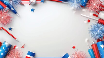 Fototapeta premium A vibrant patriotic border adorned with fireworks and red, white, and blue, perfect for summer festivals or national holidays.