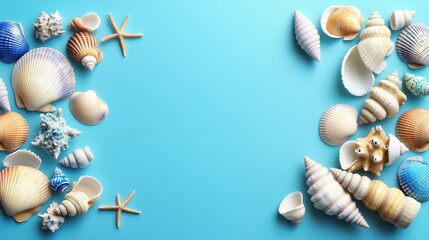 A vibrant shell border with seashells in various shades of blue, turquoise, and coral, perfect for tropical vacation advertisements, summer event promotions, or marine-themed decor.
