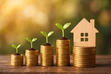 Growth of Investment and Home Ownership Represented by Plants on Coins and a House Model